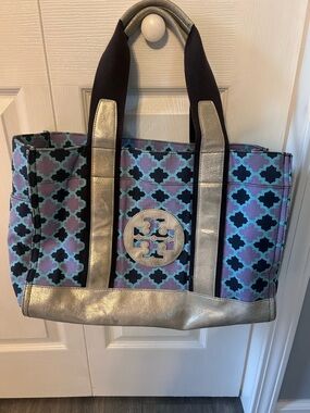 Tory Burch Purple and Teal Patterned Tote with Silver Accents